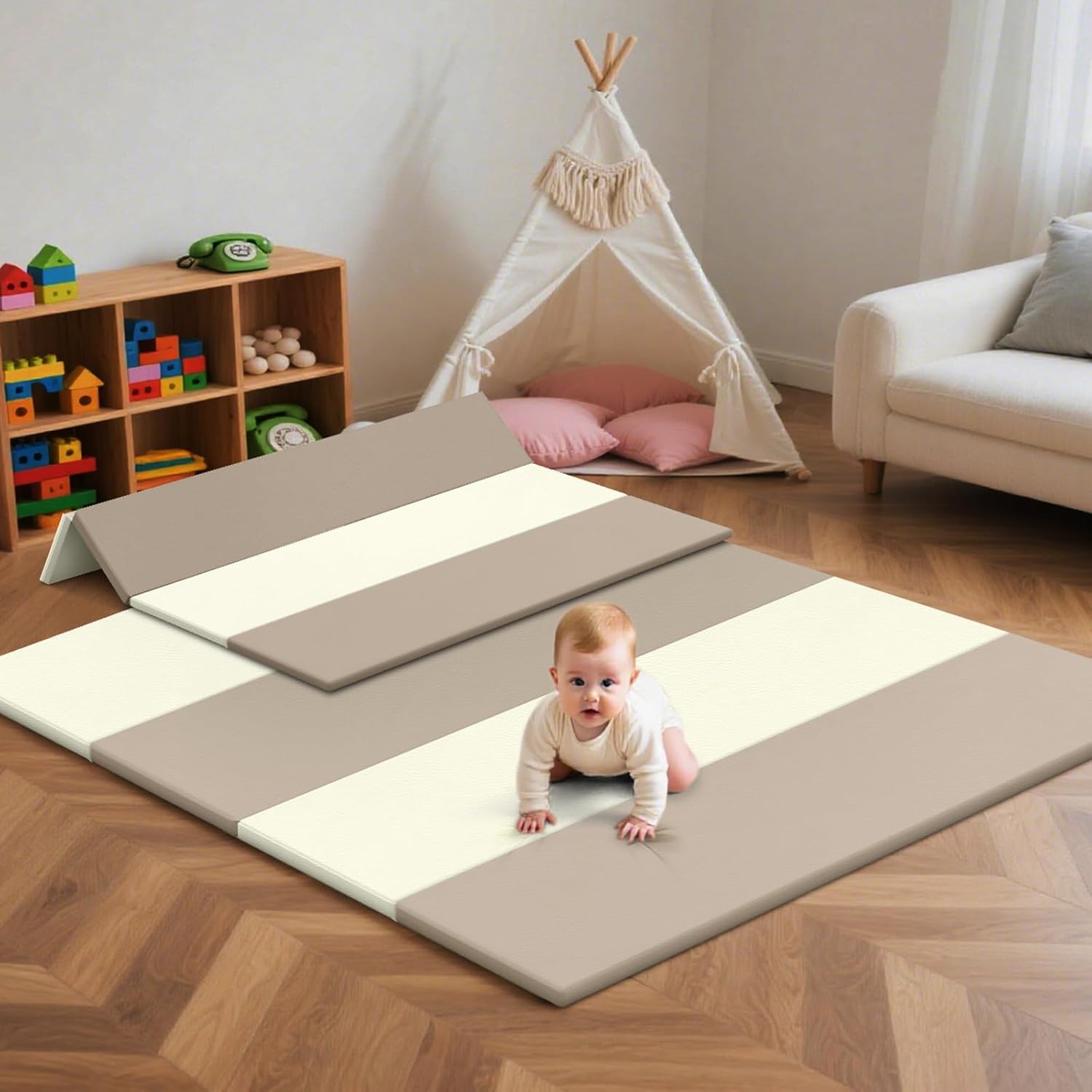 Baby Play Mat Foldable, 1.2" Thick Waterproof Playmats for Floor, Thicken Foam Playmat for Tummy Time, 47x47 Playpen Mat, Portable Baby Floor Mat for infant, Toddler, Beige & Milk Tea