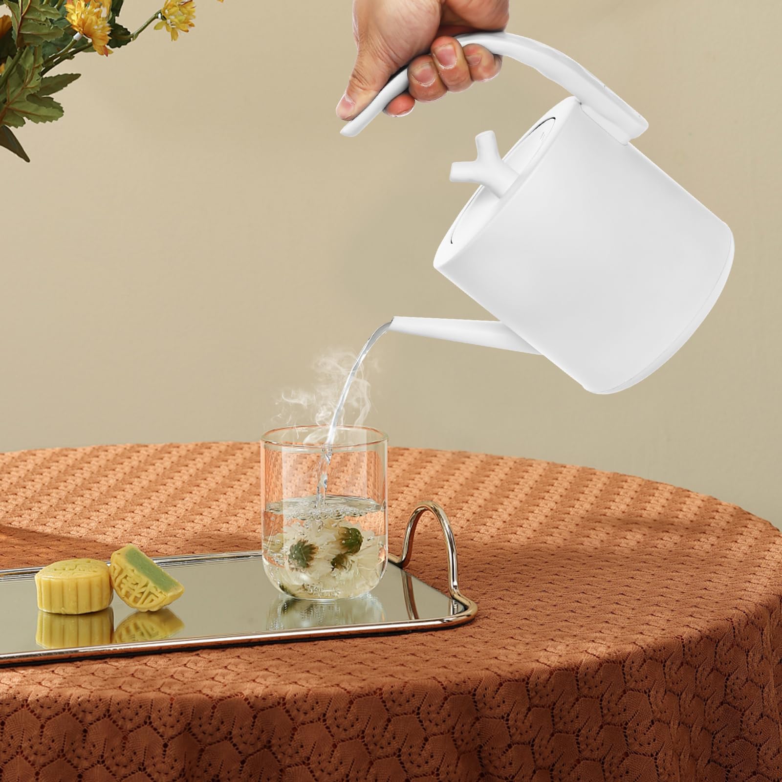 Bollitore elettrico da 1 l con beccuccio lungo, 1000 W in acciaio inox con base, manico curvo, regolazione della temperatura, per caffè specialità e tè (bianco)