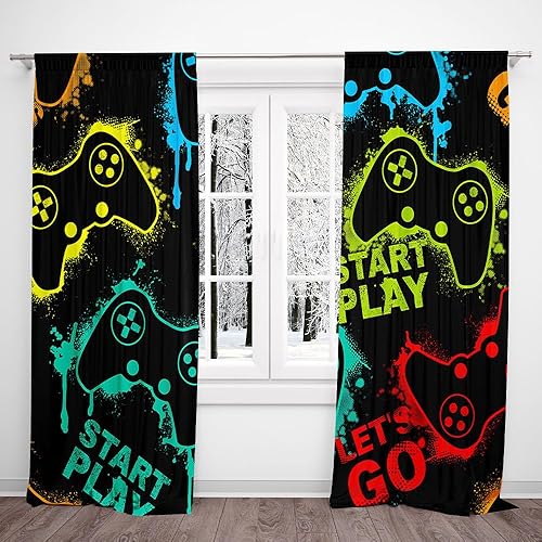 DOTOOMA Cortinas de neón de 82 x 84 pulgadas para ventana de videojuegos, comienzan a jugar, adolescentes, niños, sala de juegos, dormitorio, sala