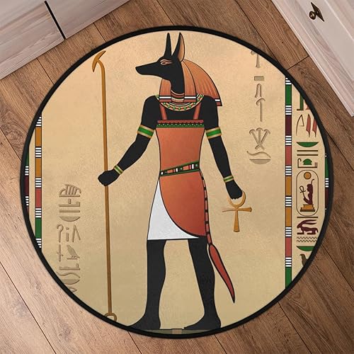Miniatura 6 de Alfombra redonda de 5.2 pies  Murales egipcios Anubis alfombra redonda grande para dormitorio, antideslizante, suave, alfombra circular para sala de