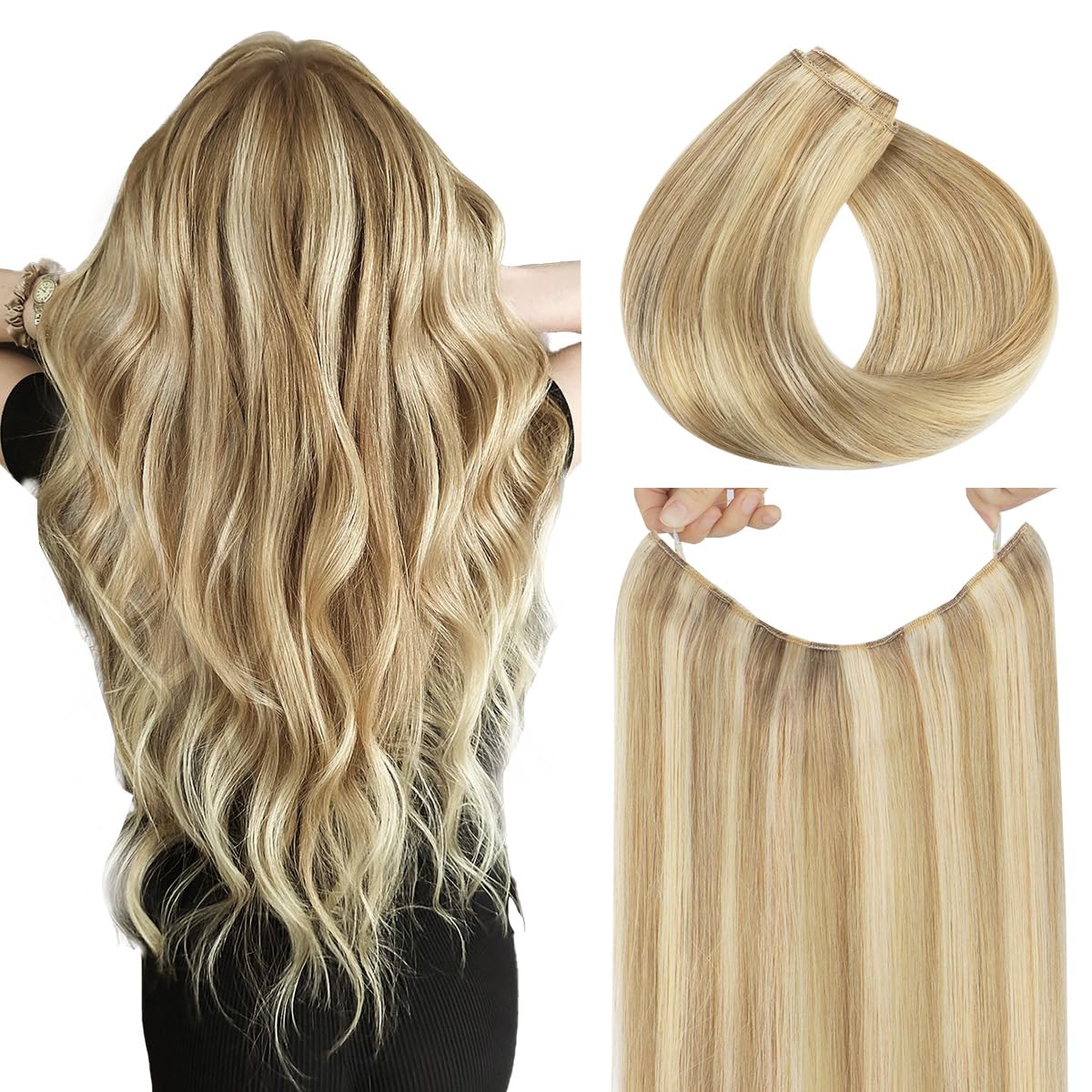 hotbanana Extension Capelli Veri con Filo Invisibile, 45cm 95g Biondo Chiaro con Riflessi Biondi Dorati Capelli Umani Remy Lisci, Invisible Wire Hair Extensions, Extension in Capelli Veri