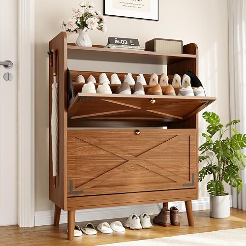 Armario de almacenamiento de zapatos con 2 cajones abatibles, organizador de zapatos independiente con ganchos laterales, armario estrecho para