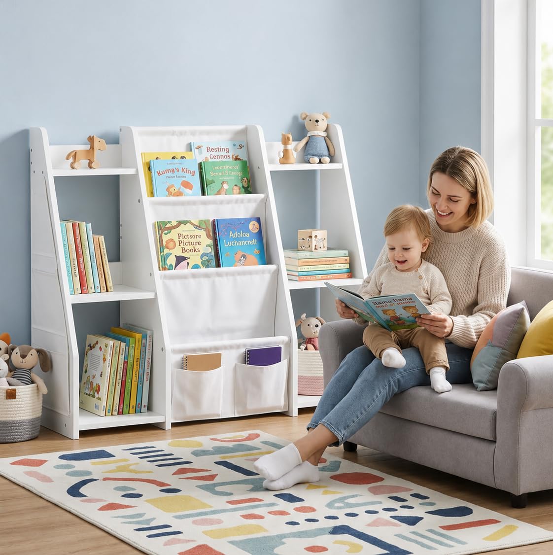Librería Montessori Infantil Blanca con Bolsillos de Tela, 97 x 30 x 76 cm | Estantería infantil para libros y juguetes con compartimentos abiertos y kit antivuelco, ideal como mueble organizador.