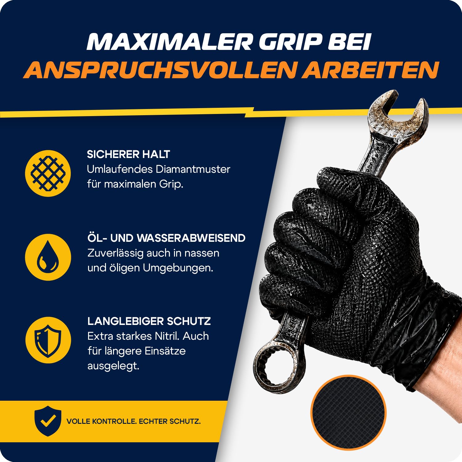 Nitrilhandschuhe extra dick mit Diamanttextur für starken Grip – Einweghandschuhe puderfrei, latexfreie Handschuhe silikonfrei – verstärkte Stulpe, Schwarz (L, 1000, stück, 10)
