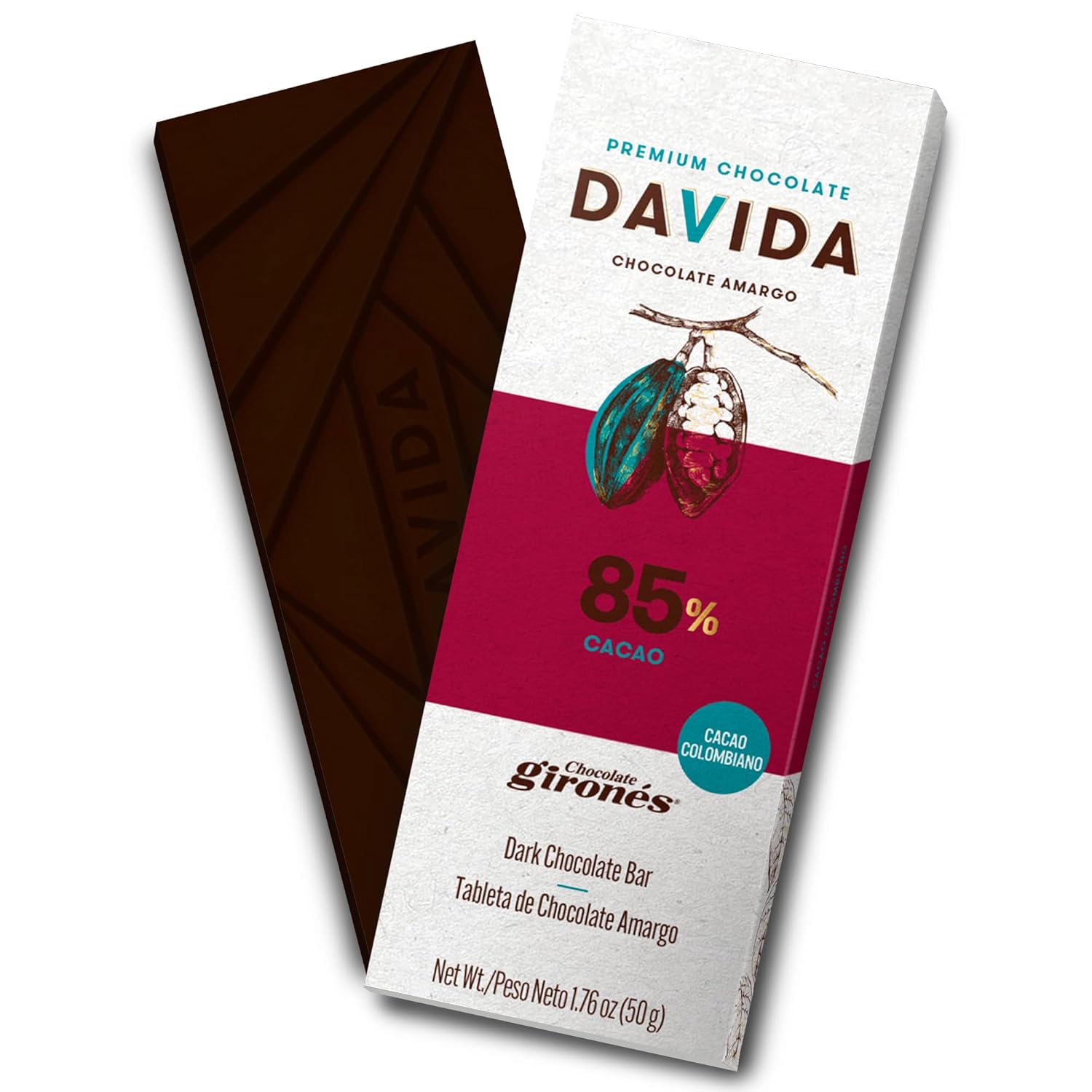 DAVIDA Chocolate Bars, 85% Cacao Premium Colombian Dark Chocolate (Pack of 6) 1.76 OZ