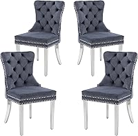 Vista 45 de KCC Juego de 6 sillas de comedor de terciopelo, silla de comedor tapizada de alta gama con respaldo acolchado, anillo de tracción de cabeza de Beige