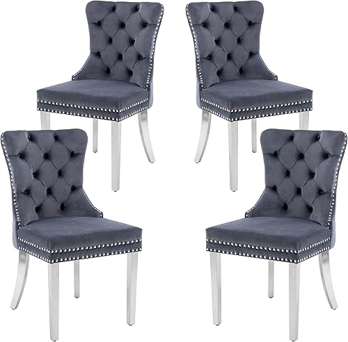 Miniatura 45 de KCC Juego de 6 sillas de comedor de terciopelo, silla de comedor tapizada de alta gama con respaldo acolchado, anillo de tracción de cabeza de