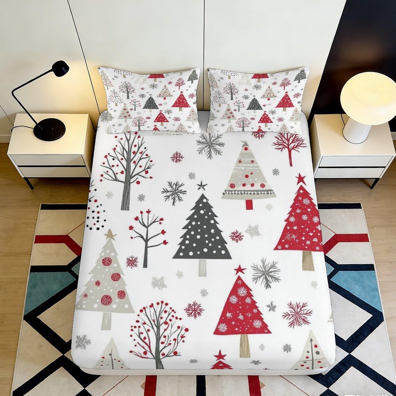 Uynsixtme Style-4 3D Printed Christmas Tree Fitted Sheet Microfiber Non-Slip Deep Pocket Christmas Tree Mattress Fitted Cover Washable Home 200X200x25cm