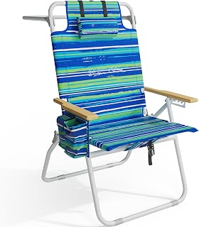 Yestomo 17" Tall Backpack Beach Chair for Adults - Wooden Armrests, 5-Position Recline, 350 lbs Capacity, Cooler Pouch, Striped Blue/Green