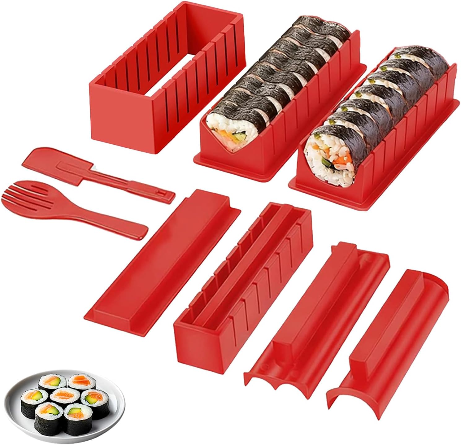XPAPOV Sushi Maker, 10 Piece Sushi DIY Mold Set - Easy Sushi Making Kit, Help to Make Round Shaped Sushi (Red)