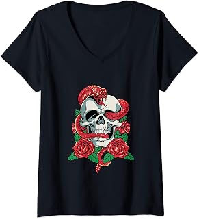 Mujer Red Cobra Serpiente Calavera Rosas Biker Gunge Motocicleta Camiseta Cuello V