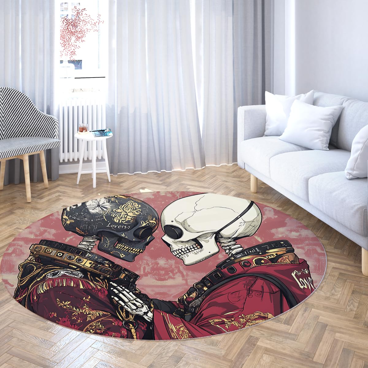 Tapis cercle de style exotique antidérapant et lavable motif squelette
