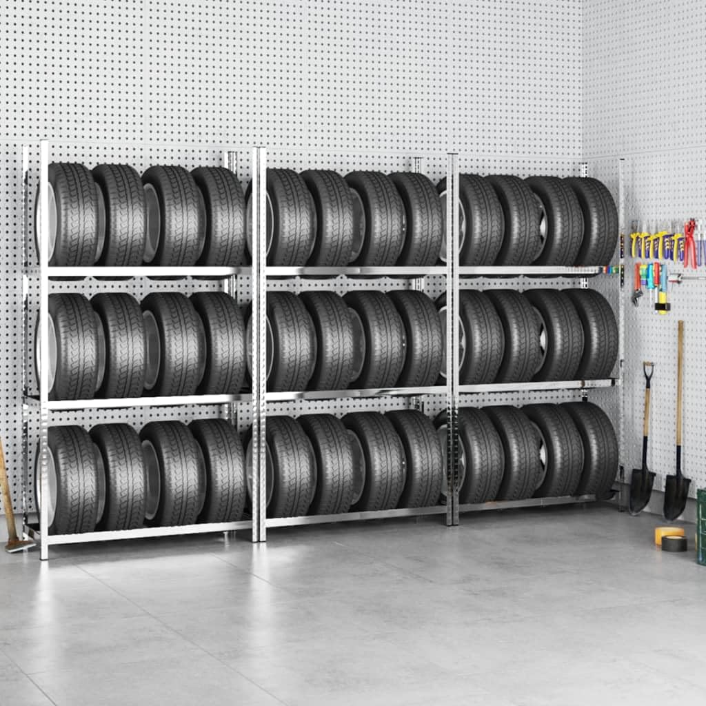 Hothingwell Stalowy bagażnik na opony 3 poziomy 110 x 40 x 200 cm, 3 szt. stojak na opony do garażu, wytrzymała półka o dużej nośności i poziomach regulacji wysokości