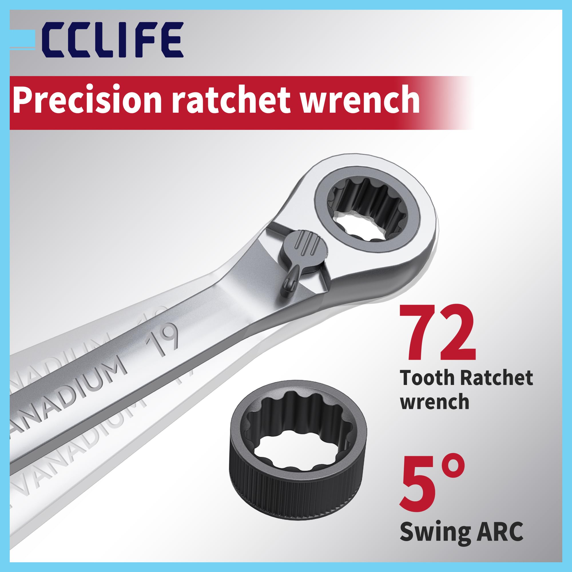 CCLIFE Lot de 14 clés à cliquet réversible 6-22 mm 72 dents CrV avec sac | Fonction de commutation, cliquet et clé mixte 2 en 1 en Cr-V, mécanisme à 72 dents avec sac pour voiture et atelier