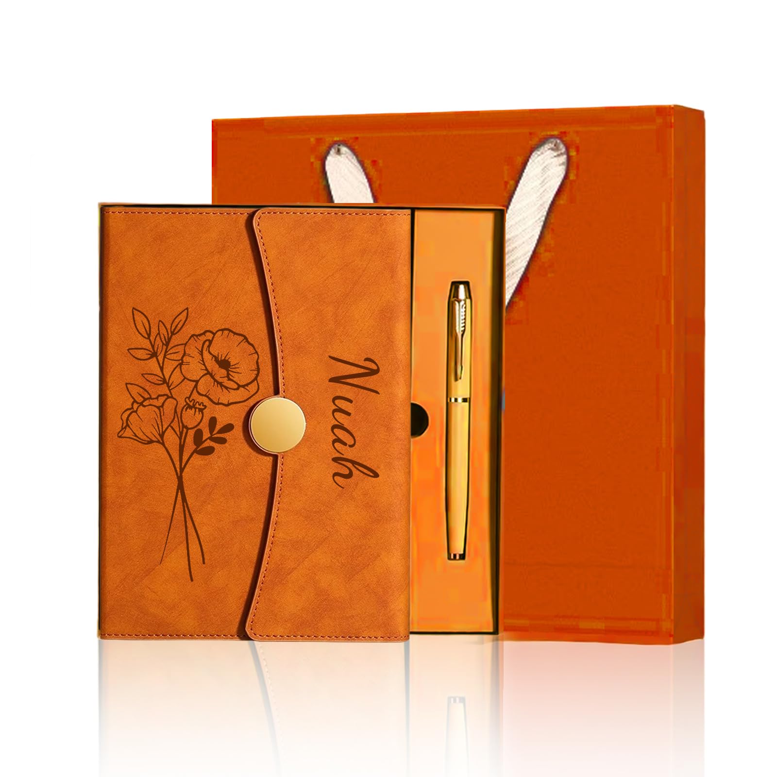 Personalized Notebook with Engraved Name & Birth Month Flowers โ Premium Faux Leather Classic Journal for Birthday, Graduation, Christmas, 200 Numbered Pages, 15 x 21 cm (Orange with gift box)