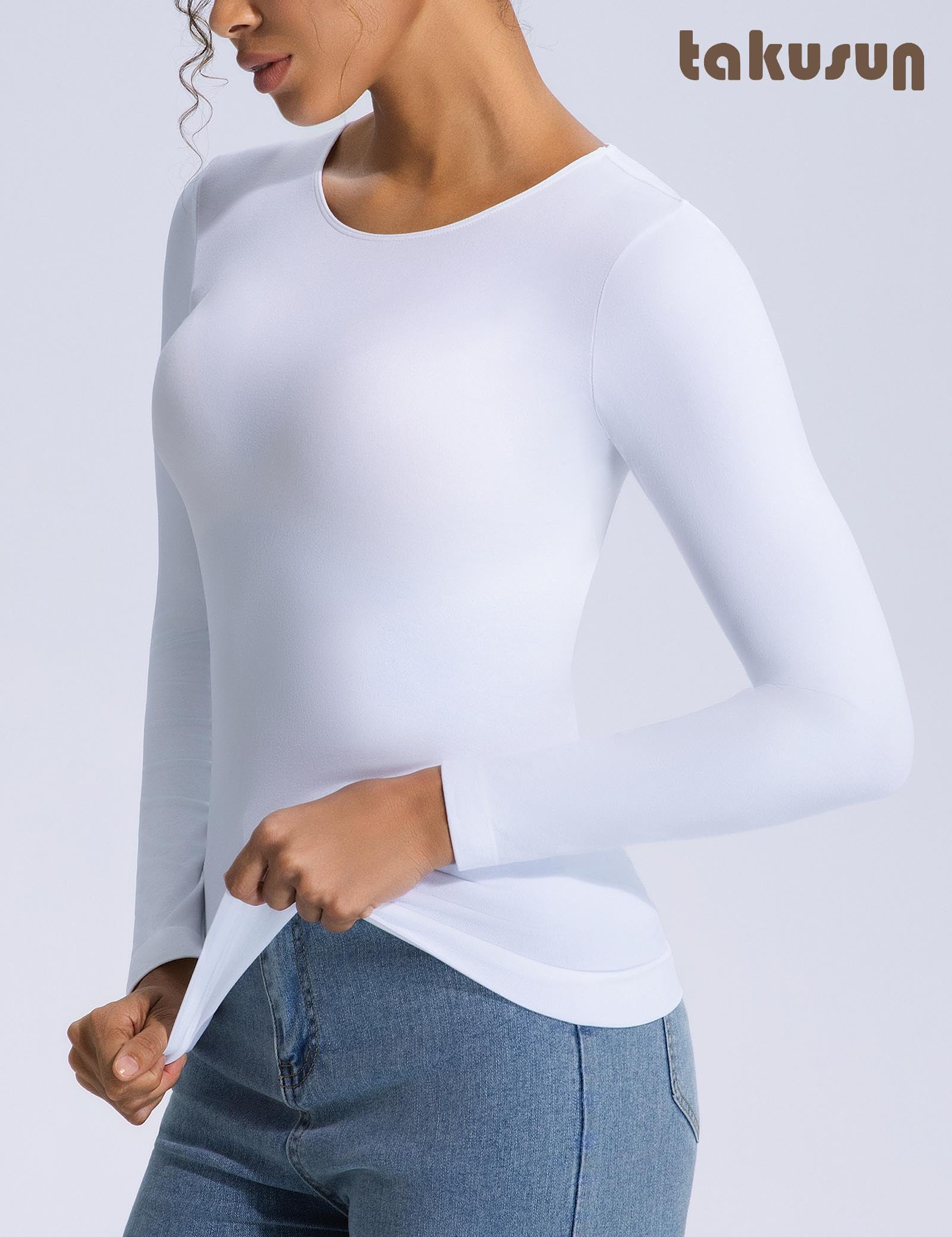 Maglietta intima da donna a maniche lunghe, a compressione, dimagrante, girocollo, base modellante e termica, aderente