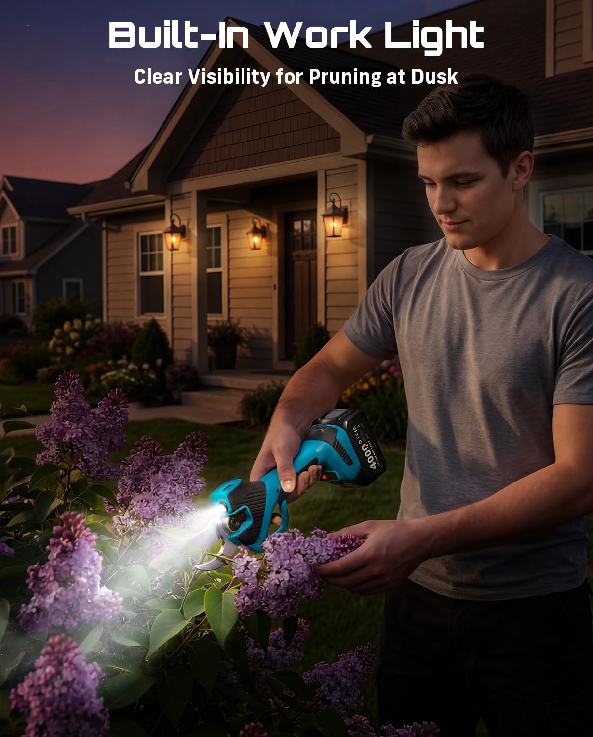 SEESII Tijeras de podar eléctricas con batería de 55 mm con luz LED, 2 baterías de 4000 mAh, hoja SK5, motor sin escobillas, pantalla LCD, para huertos, paisajismo y jardinería profesional