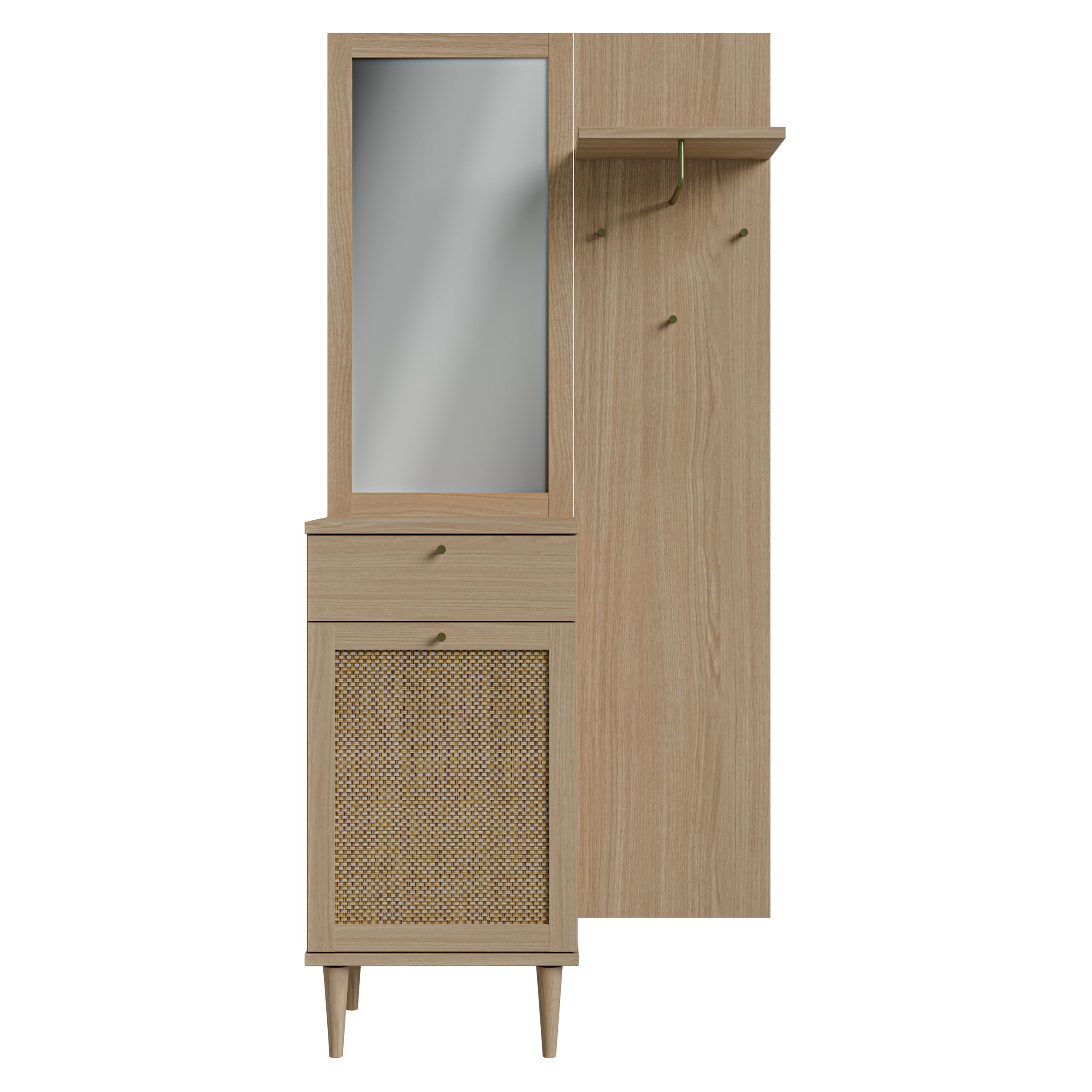 Forte CALASETTA Garderobe 90, 1 Schubladen, 1 Tür, mit Spiegel, Kleiderstange und Ablageflächen, Holzwerkstoff, Elegancia Eiche Holzdekor | Technorattan, 90,4 cm breit x 198 cm hoch x 41,4 cm tief