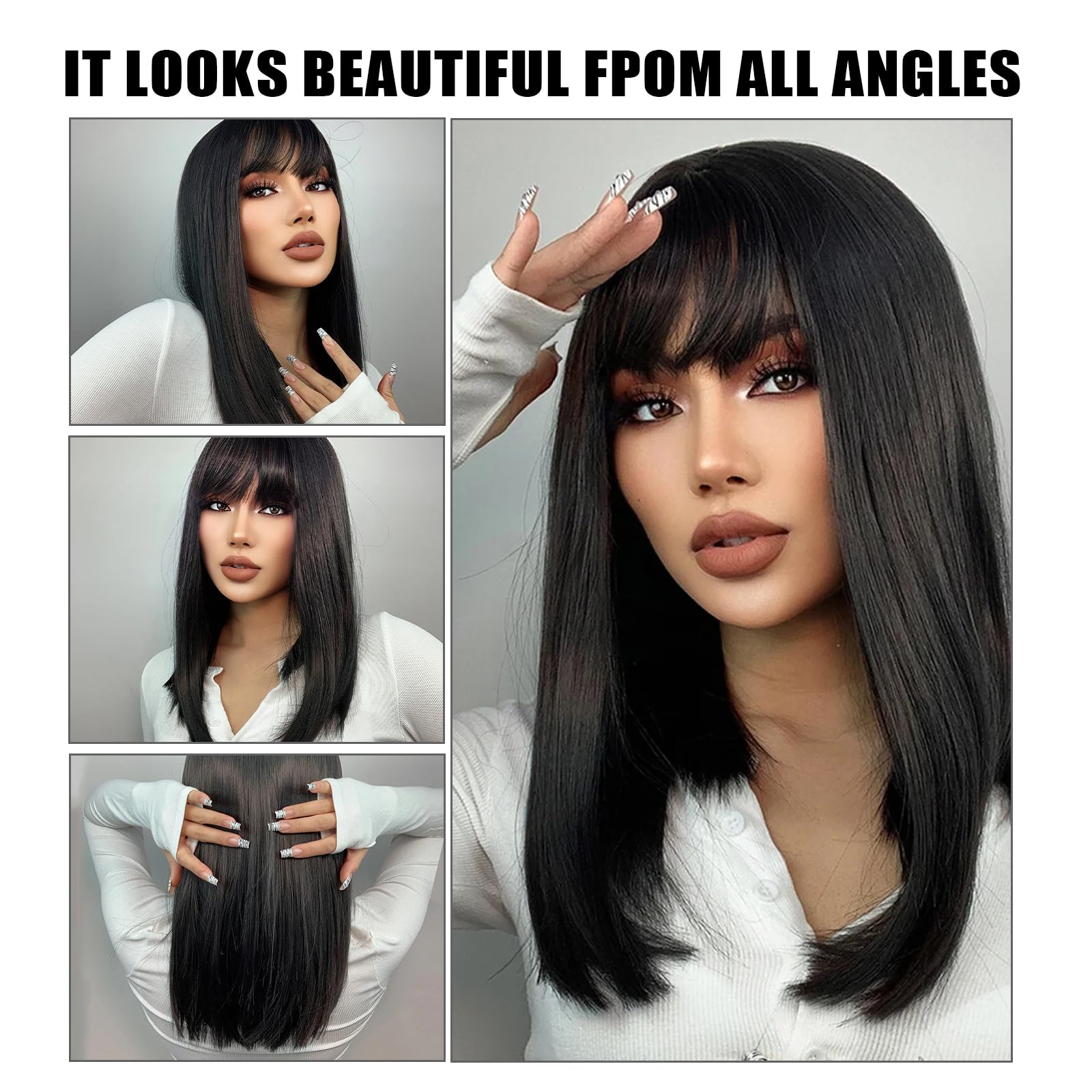 Black Bob Wig with Fringe,21 Inch Long Black Straight Bob Flat Bangs Wigs for Women,Heat Resistant Synthetic Hair Wigs Hairpieces for Ladies Cosplay Party Fancy Dress Daily Use - Image 3