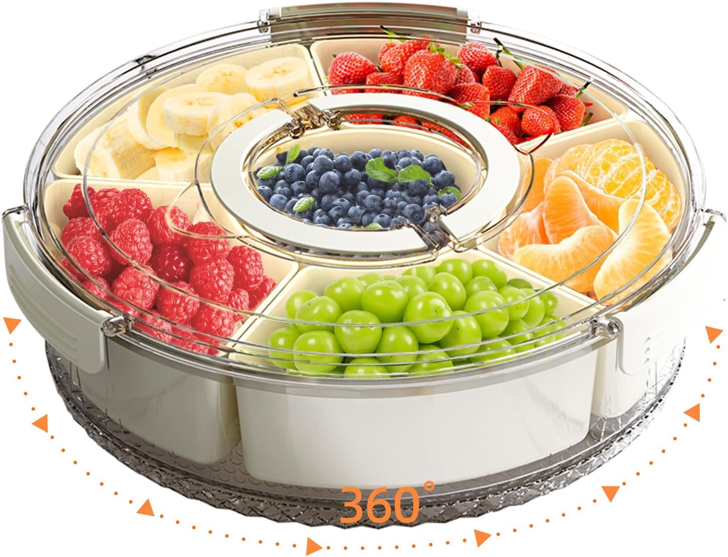 Vasukie Divided Fridge Storage Boxes With 4 Serving Veggie Tray with Lid and Handle, Fridge Organizer with Removable 4 Compartment, Fridge Storage Containers (Rotating Container - 1PC)