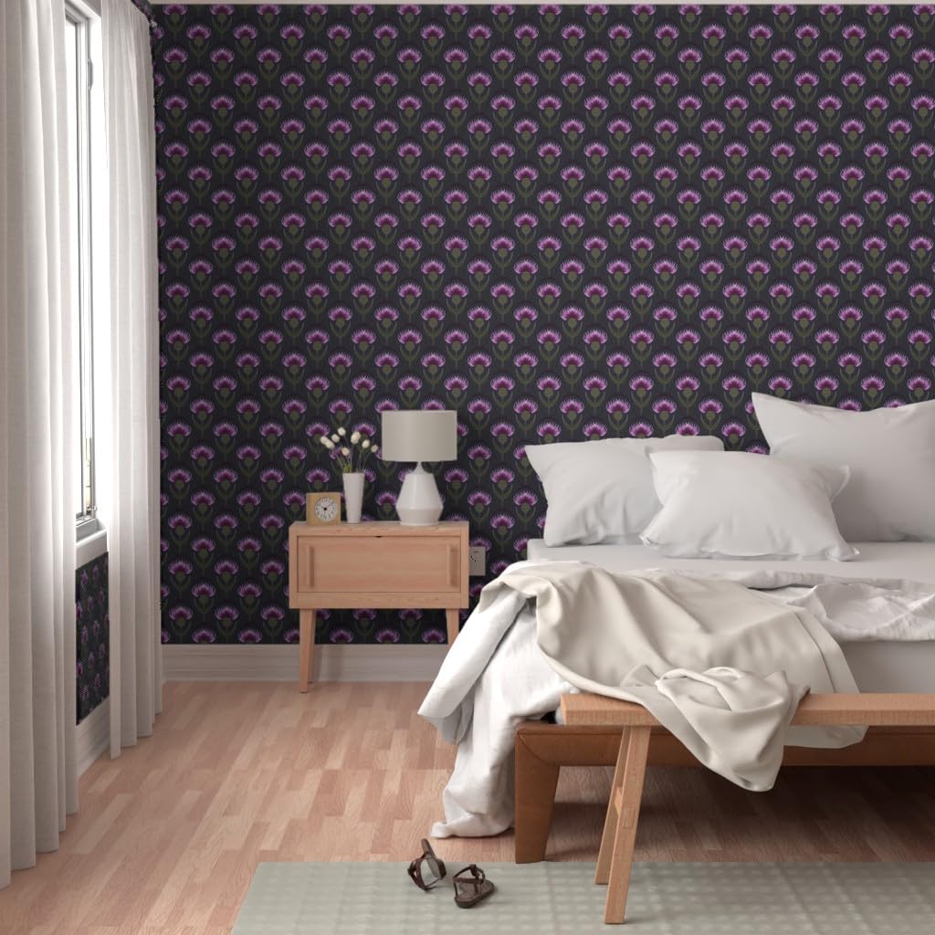 Peel & Stick Wallpaper 12ft x 2ft - Art Nouveau Medium Scale Botanicals Thistle Dark Blue Purple Custom Removable Wallpaper by Spoonflower