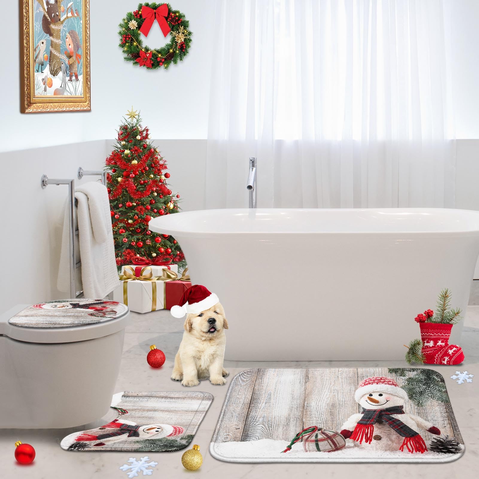 ArtSocket Lot de 3 tapis de salle de bain antidérapants en microfibre à mémoire de forme - Motif bonhomme de neige et boule de Noël - Lavable en machine