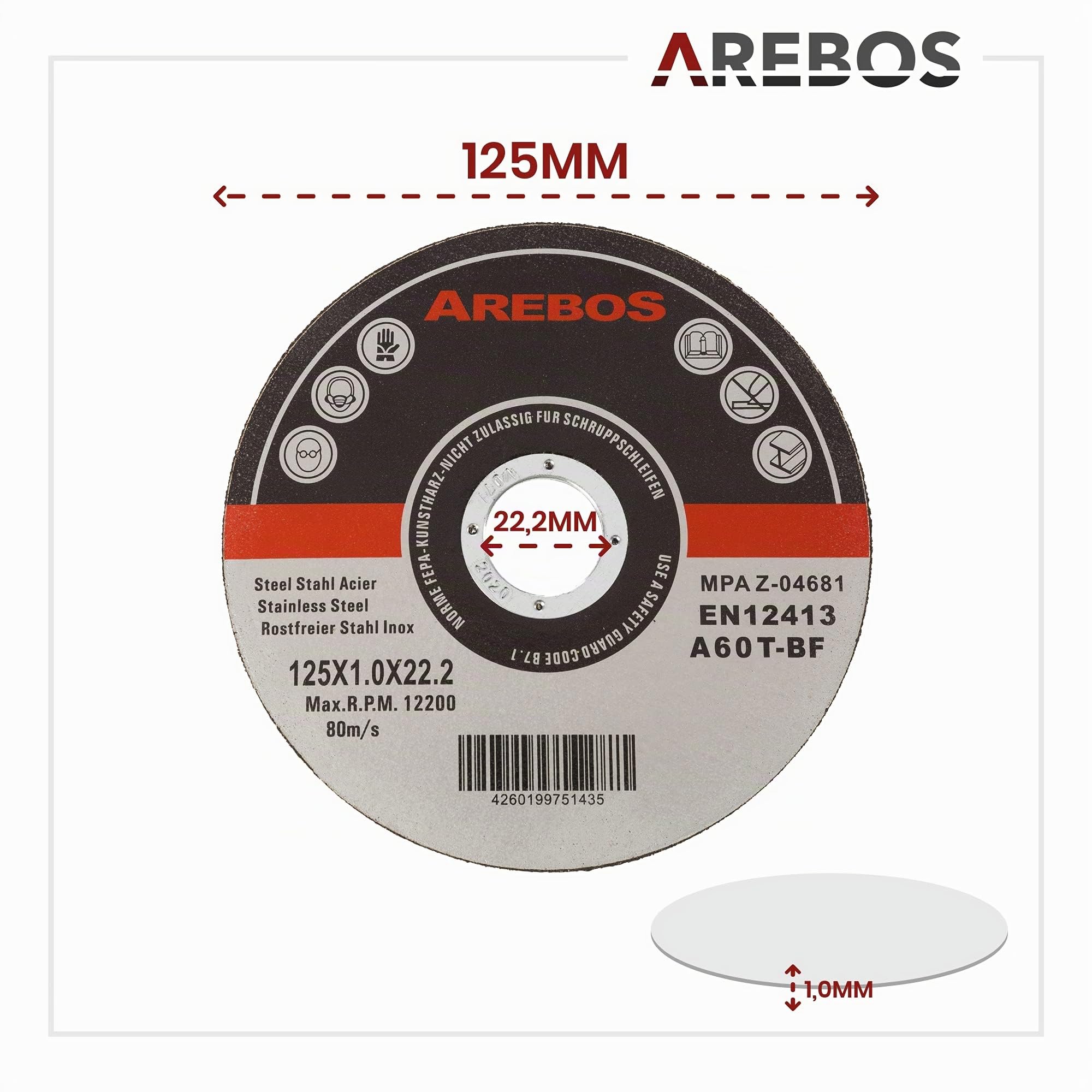 Arebos disques à tronçonner Ø 125 mm, 100 pièces | convient pour l'acier, l'acier inoxydable, l'inox, le fer, la tôle, le métal | aller et retour | EN 12413 | certifié par le Materialprüfungsamt (MPA)