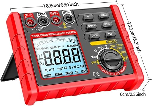 100V-1000V Digital Insulation Resistance Tester, MH15 Megger Megohm Testing Meter, LCD Display DC AC Voltage Resistance Measurement For Electrical Equipment Testing