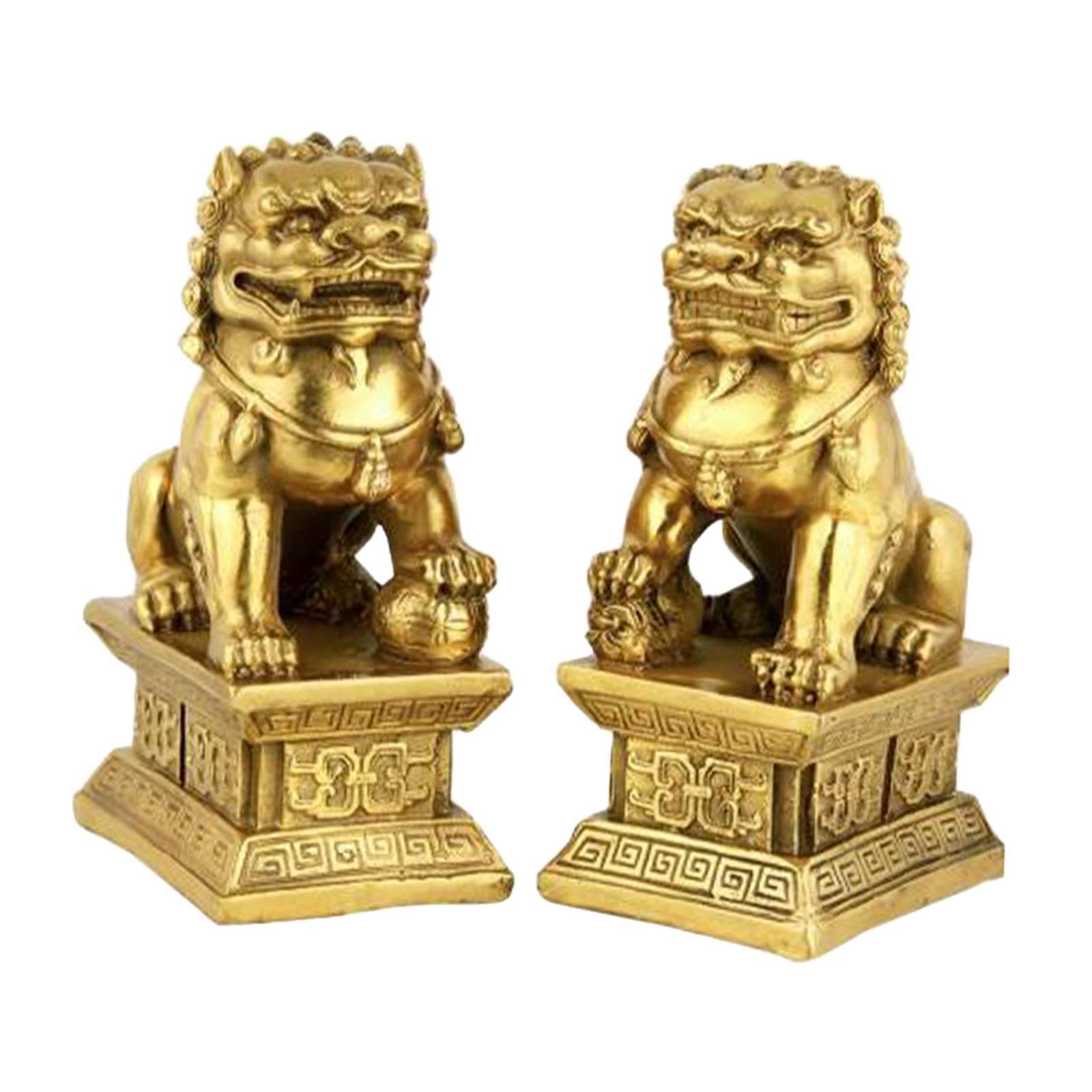 Lot de 2 Figurines de Lions Gardiens Fu Dog, Cadeau de félicitations et Porte- (9 cm x 6 cm x 16), doré, 9 6 16