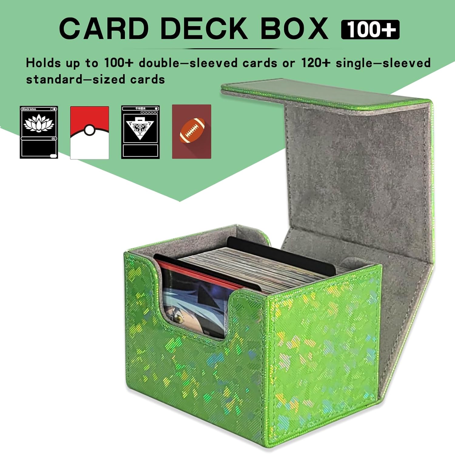 Dmoicols Card Deck Box Holds 100+ Single Sleeved Cards,Laser Sparkly Material Card Storage Box Horizontal,MTG Commander Deck Box with 2 Dividers fit TCG CCG Magic Cards (Sparkly Cyan Piece)