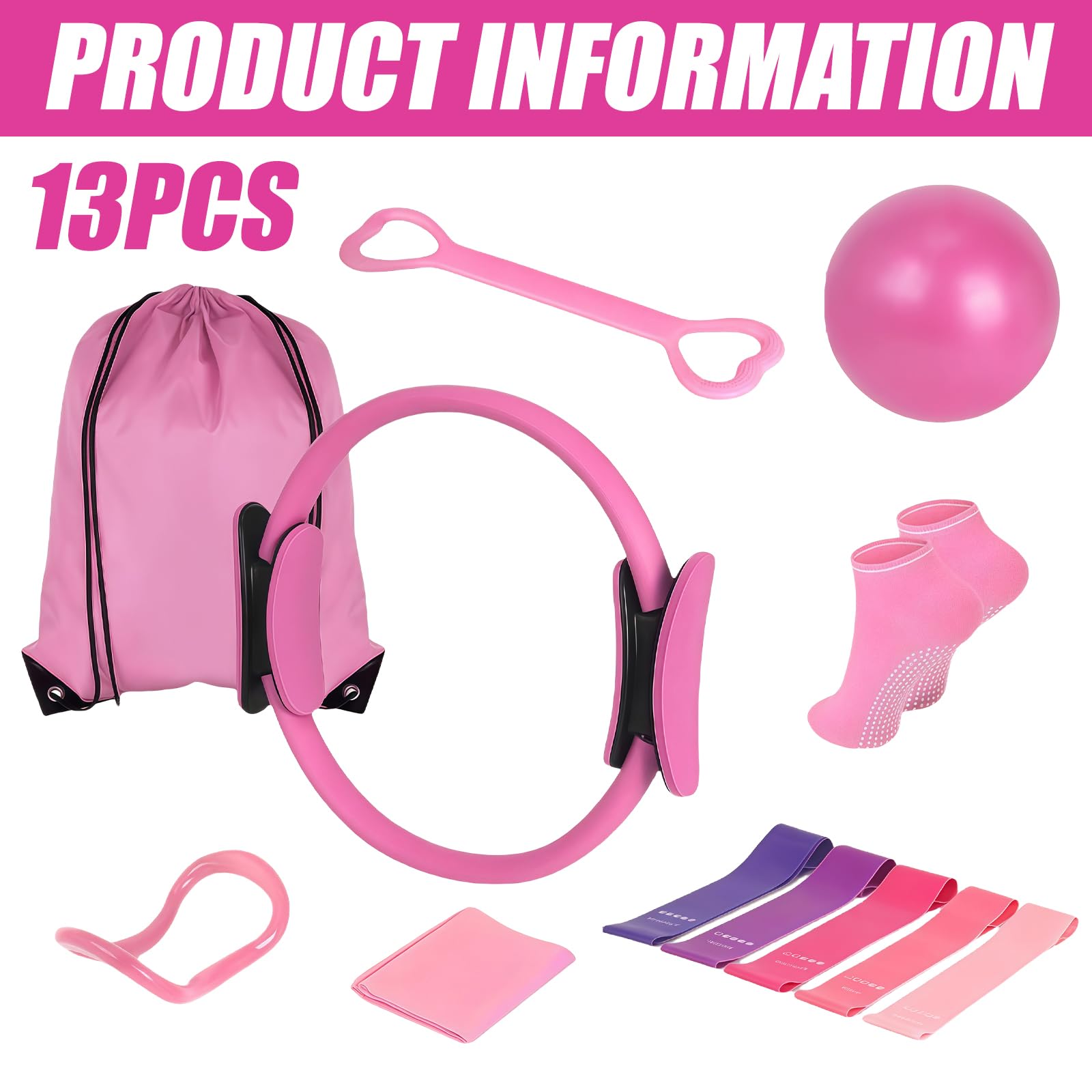 Leikurvo Kit de Pilates Essential de 13 pièces pour femme avec balle de Pilates, bandes de résistance, chaussettes, anneau de Pilates et accessoires pour étirement et fitness (rose)