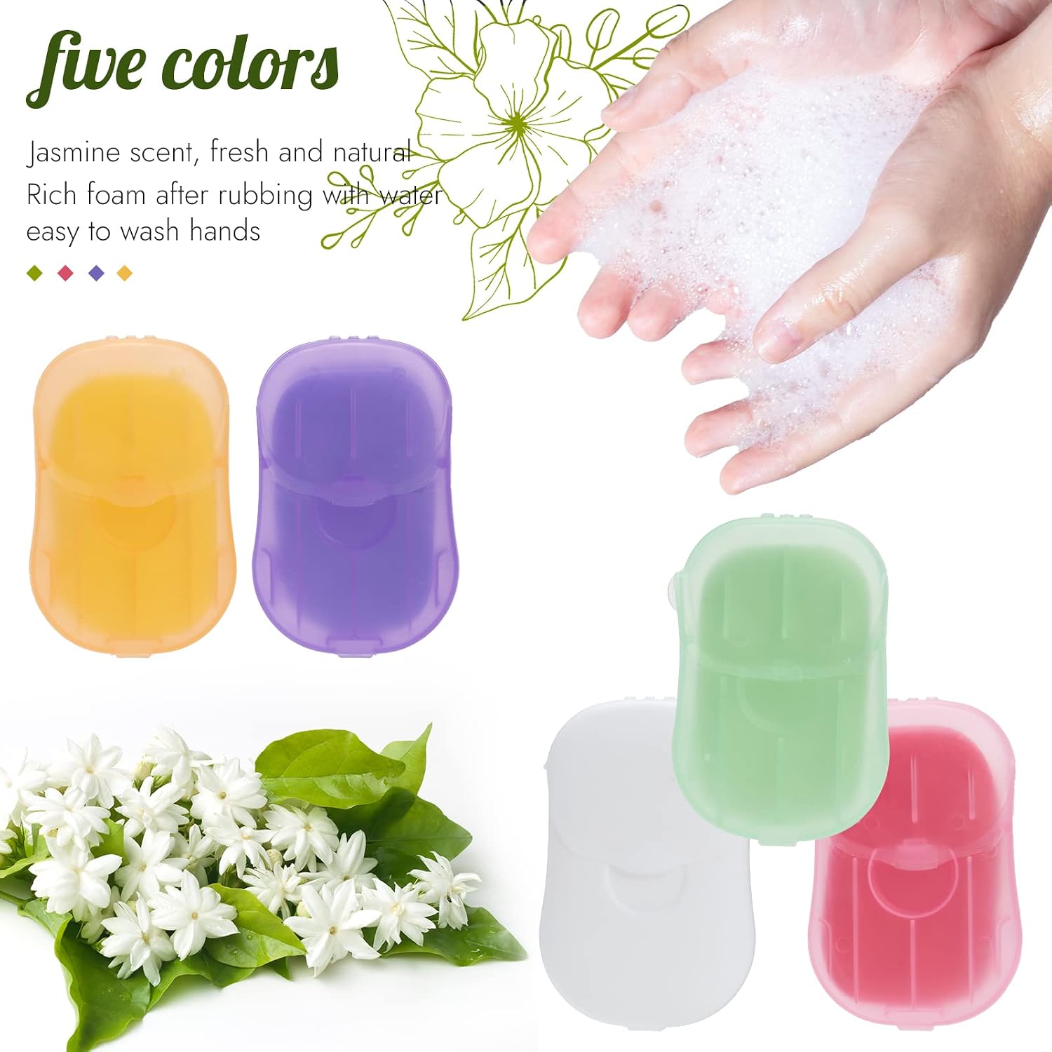 TRYAH 100 Sheets (5 Boxes) Portable Disposable Soap Paper Flakes Washing Cleaning Hand Bath Travel Scented Mini Slice Sheets for Kitchen Toilet Outdoor Travel Camping Hiking,Random Color