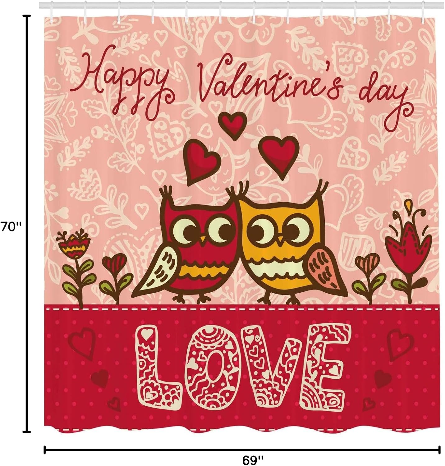 Ambesonne Valentines Day Shower Curtain, Owls in Love Print Partners Couples Boho Style Hearts Flowers Dots, Cloth Fabric Bathroom Decor Set with Hooks, 69" W x 70" L, Pink Red Yellow