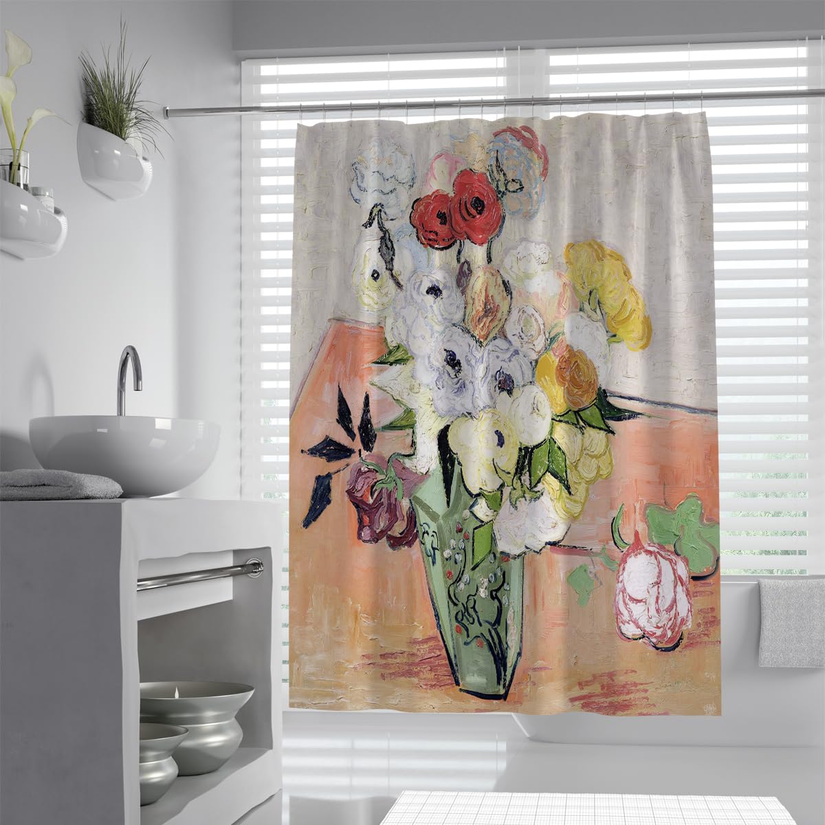 Olliar Home Shower Curtain Beautiful Flower Set Vintage Still Life Vase Floral Waterproof Polyester Bathroom Decor With Hooks 180X180