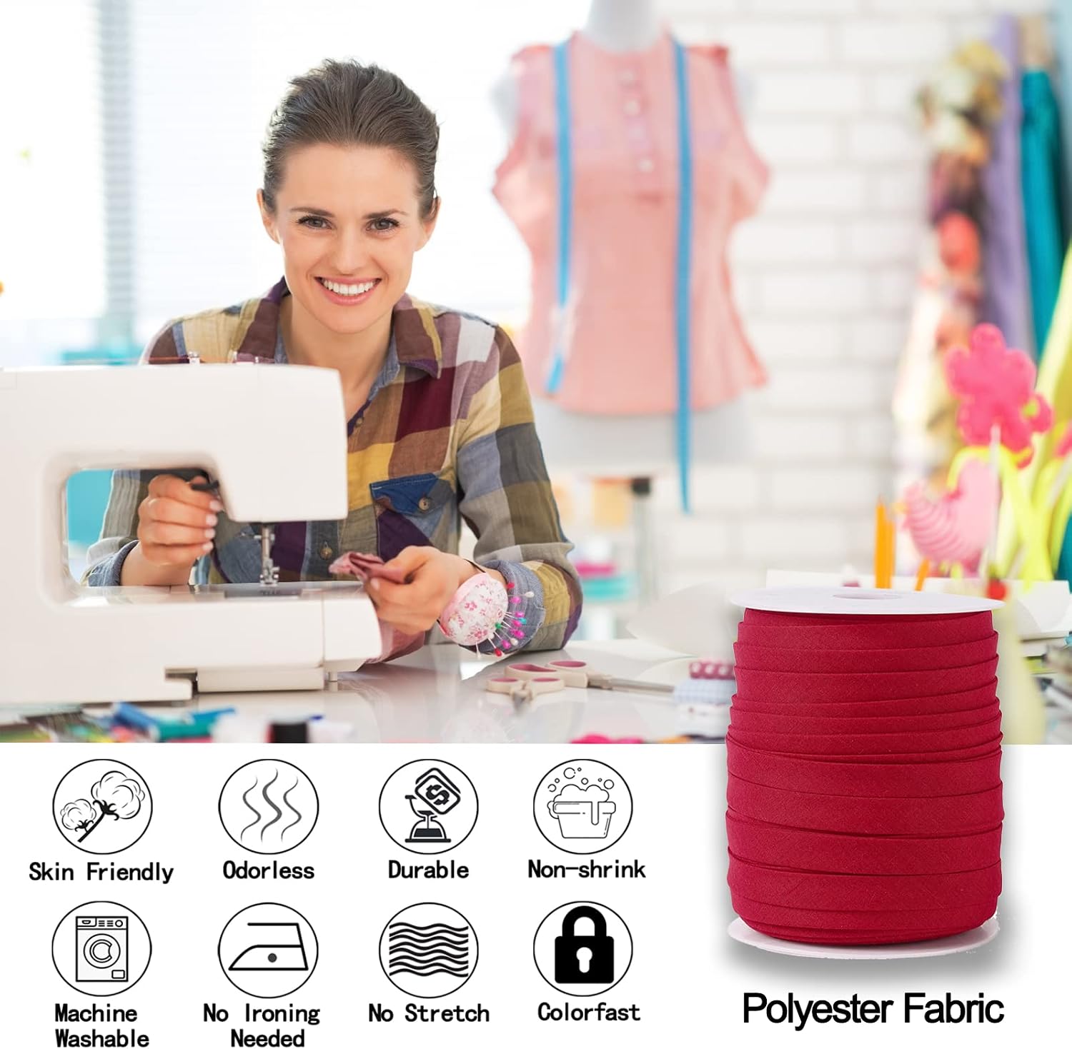 Bias Tape Double Fold 1/2 inch, Double Fold Bias Binding Tape 55 Yards (Wine Red) and 4 Pieces Sewing Fabric Chalks for Crafts, Sewing, Seaming, Hemming, Piping, Quilting.