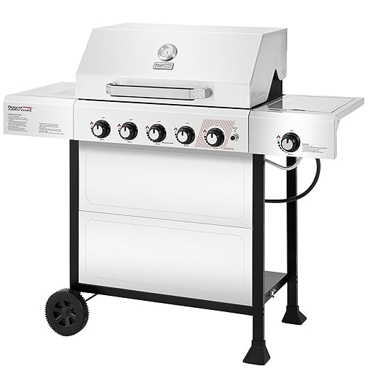 Royal Gourmet GA5401T 5 Burner Propane Gas Grill with Side Burner and Sear Burner, Stainless Steel Gas BBQ Grill with 61,000 BTUs Output for Barbecue Grilling & Backyard Cooking, Silver