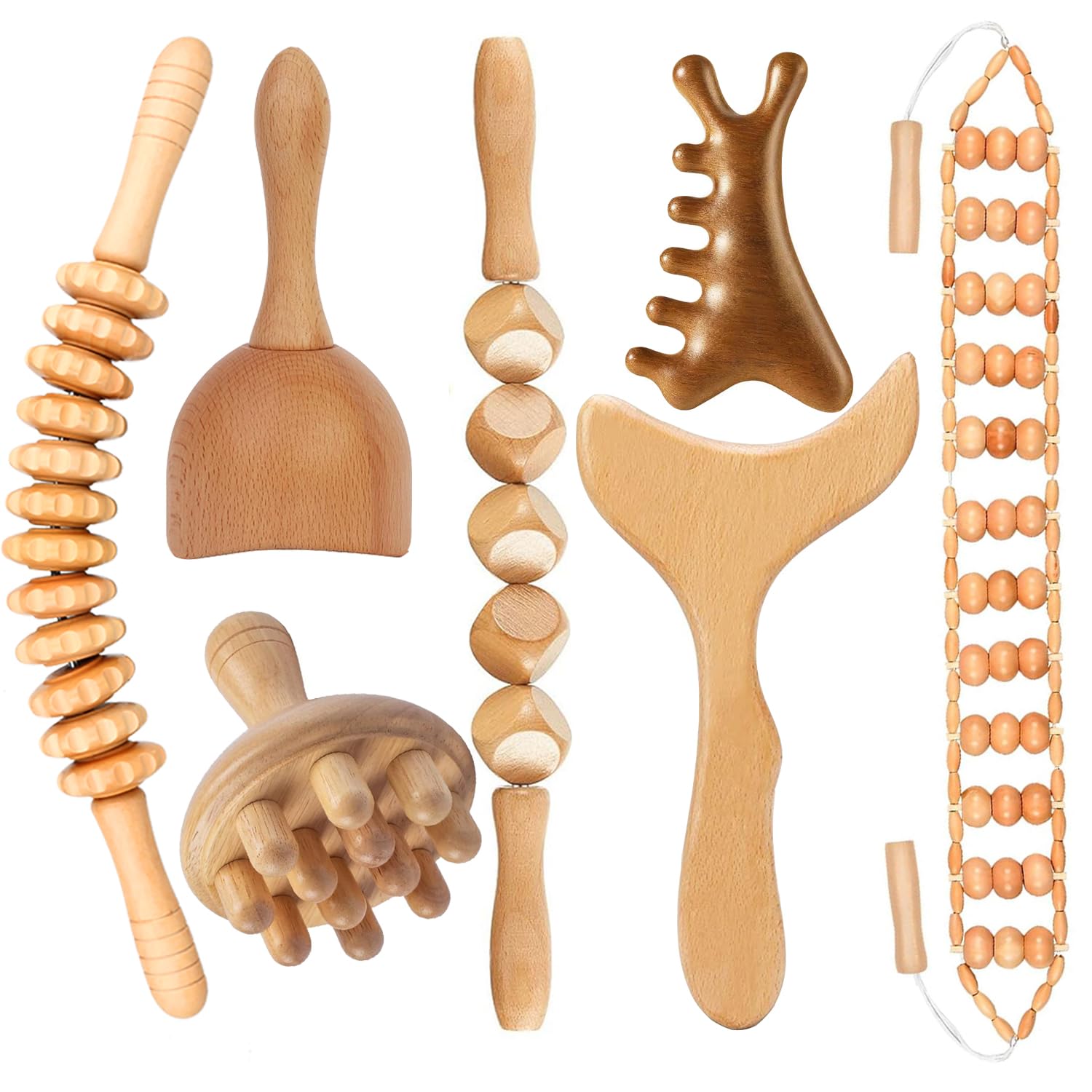 7 Pièces d’Outils de Massage en Bois de Gua Sha, Modelage du Corps, Anti-Cellulite et Soulagement des Douleurs Musculaires