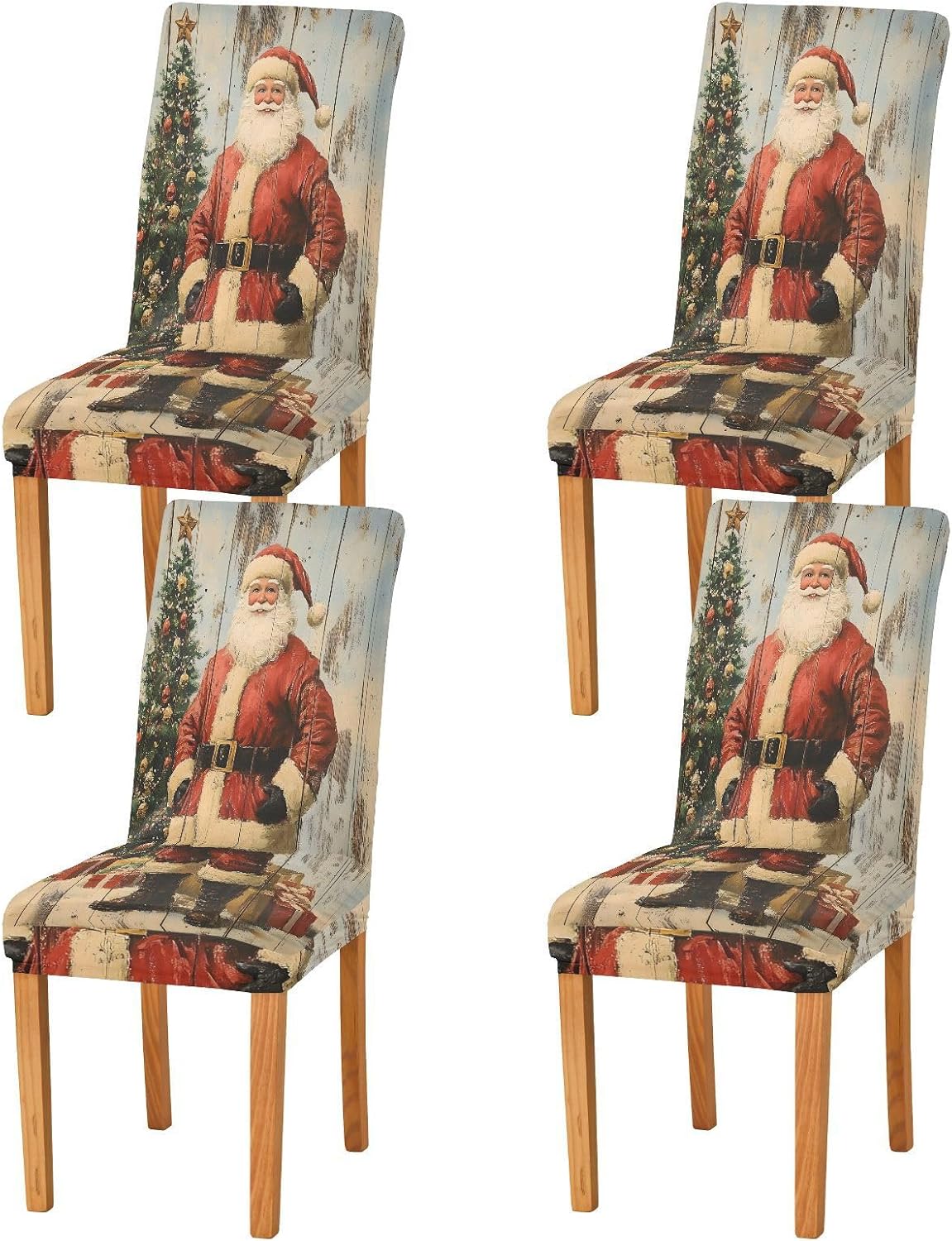 ALAZA Chair Covers for Dining Room, Vintage Wood Santa Claus Christmas Tree Stretch Chair Cover Sets Chair Protector Removable Washable for Ktichen Restaurant Hotel