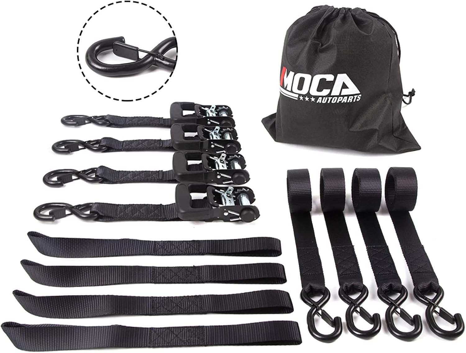 MOCA Ratchet Tie Down Straps - with 4840 Lb Breaking Strength, Includes 4 Heavy Duty 1.5" x 8' Rachet Tiedowns with Padded Handles & Coated Chromoly S Hooks & 4 Soft Loop Tie-Downs : Automotive
