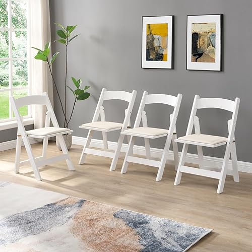 Miniatura 2 de Wood Folding Chair, Folding Chairs Set of 4, Upholstered Dining Chairs with Beige Cushion, Stackable Collapsible Chair for Outside Indoor, Accent