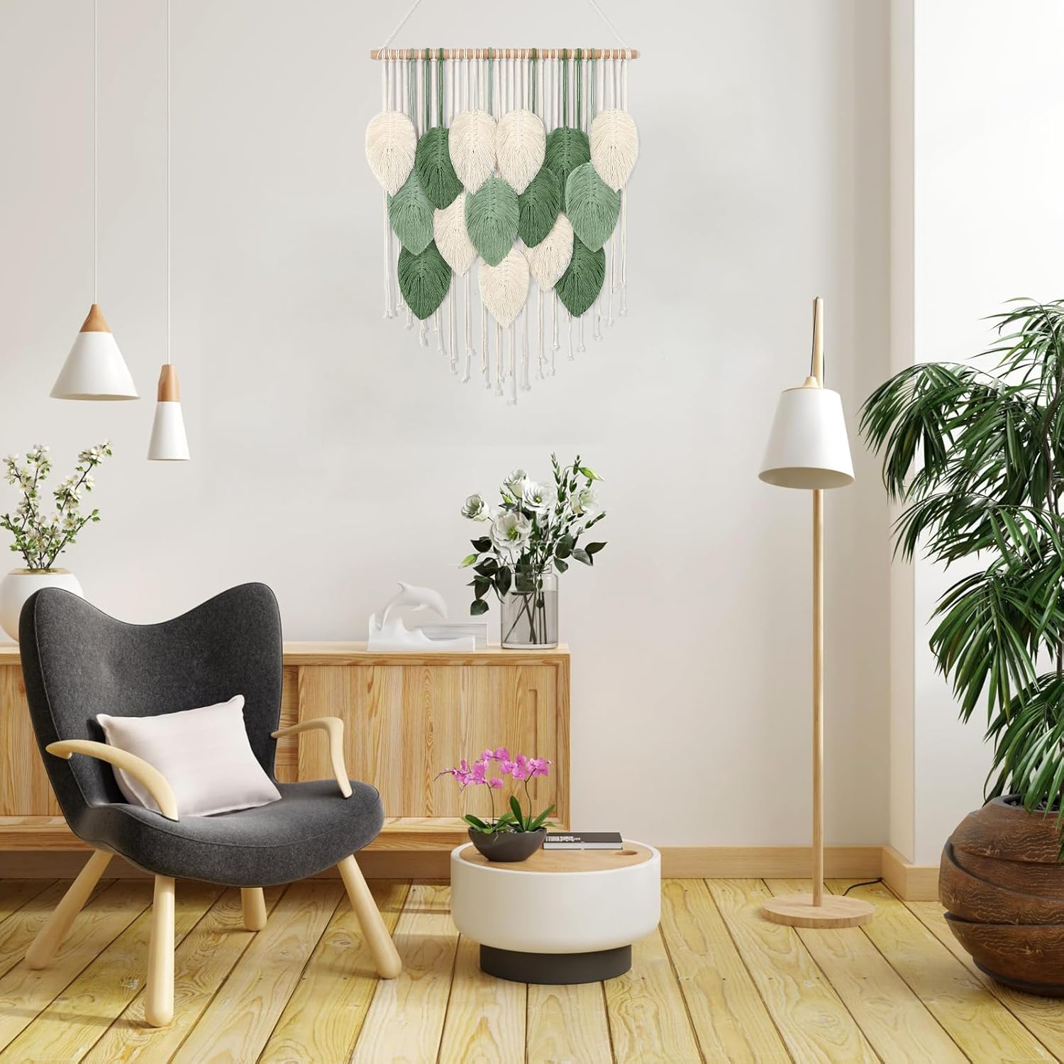 Weldomcor Macrame Wall Hanging, Boho Leaves Macrame Tapestry Wall Decor Handmade Green Woven Hanging Decor Chic Bohemian Wall Art Home Decoration for Bedroom Living Room Nursery Office 23.6"W x 29.5"L