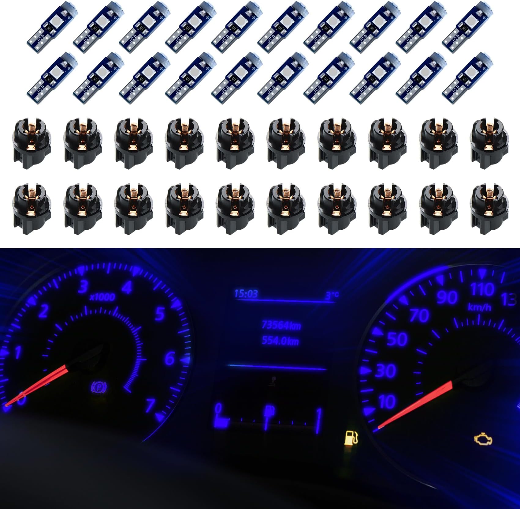 20Pcs Blue T5 37 74 73 2723 2721 T10 158 168 194 2825 with Socket Instrument Cluster Light LED Bulb, 3030 Chips Super Bright 12 Volt Replacements Dashboard Panel Gauge Indicator Lamp PC74 PC37 PC118