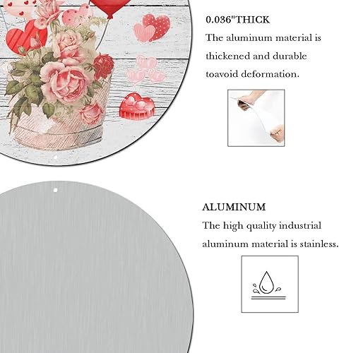 Miniatura 4 de Letreros redondos de metal para el día de San Valentín diseño de flores corazón globos de grano de madera aniversario arte de pared estilo