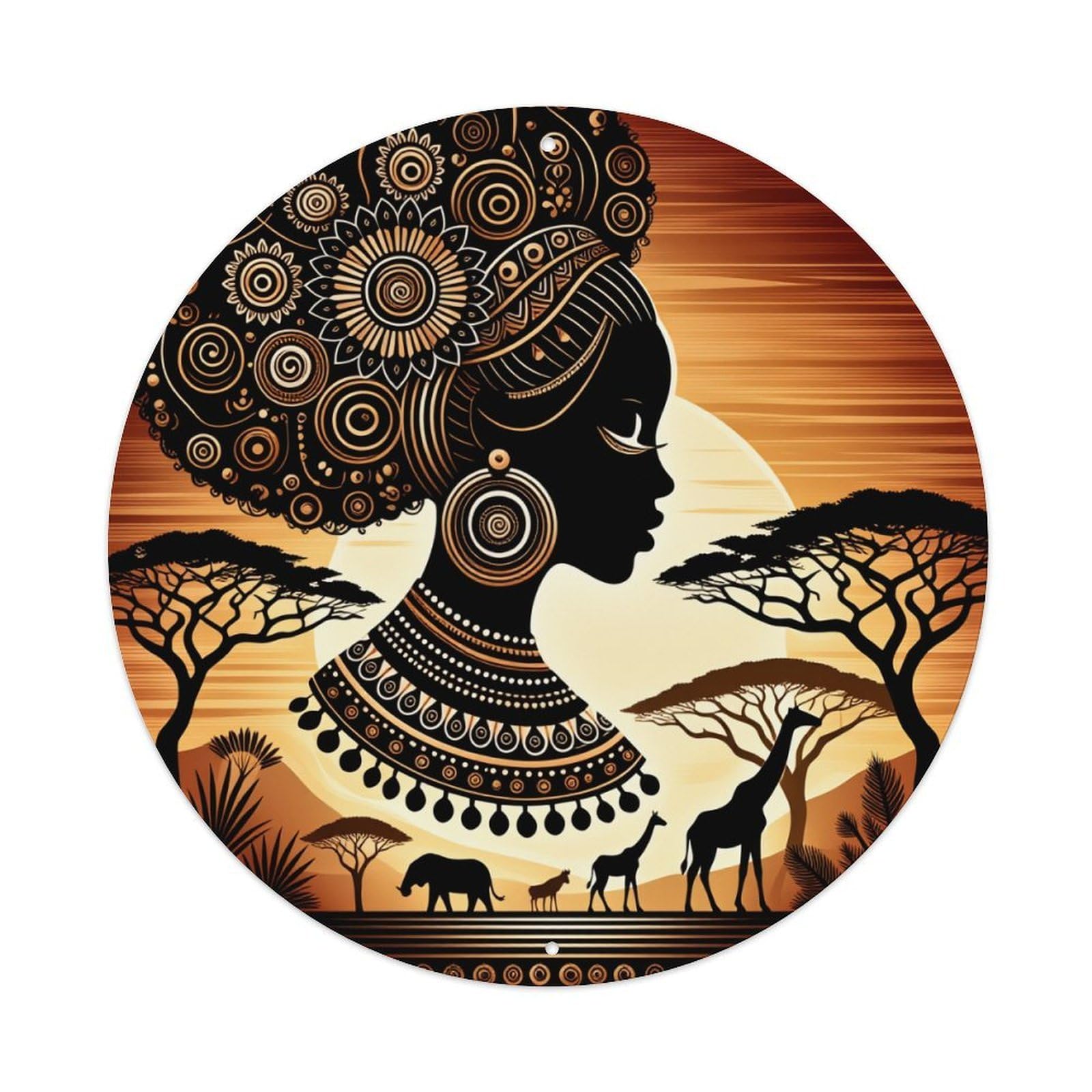 African Woman Sunset Wildlife Pattern Round Tin Sign Vintage Metal Poster, Home Bar Garage Man Cave Cafe Indoor & Outdoor Wall Decoration 8x8Inches