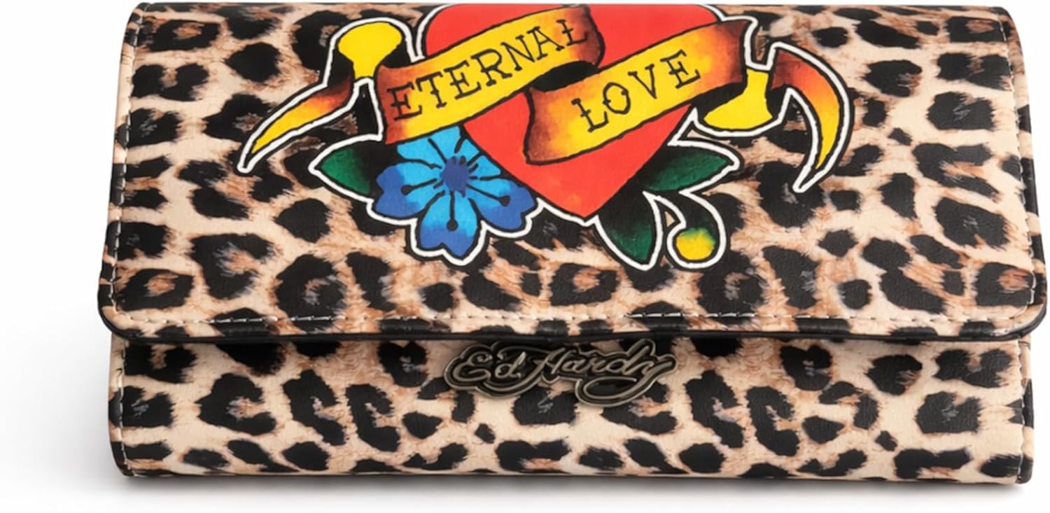 ED HARDY Eternal Love Leopard Trifold Wallet for Women, Faux Leather Snap Closure Clutch (Leopard -Eternal Love)