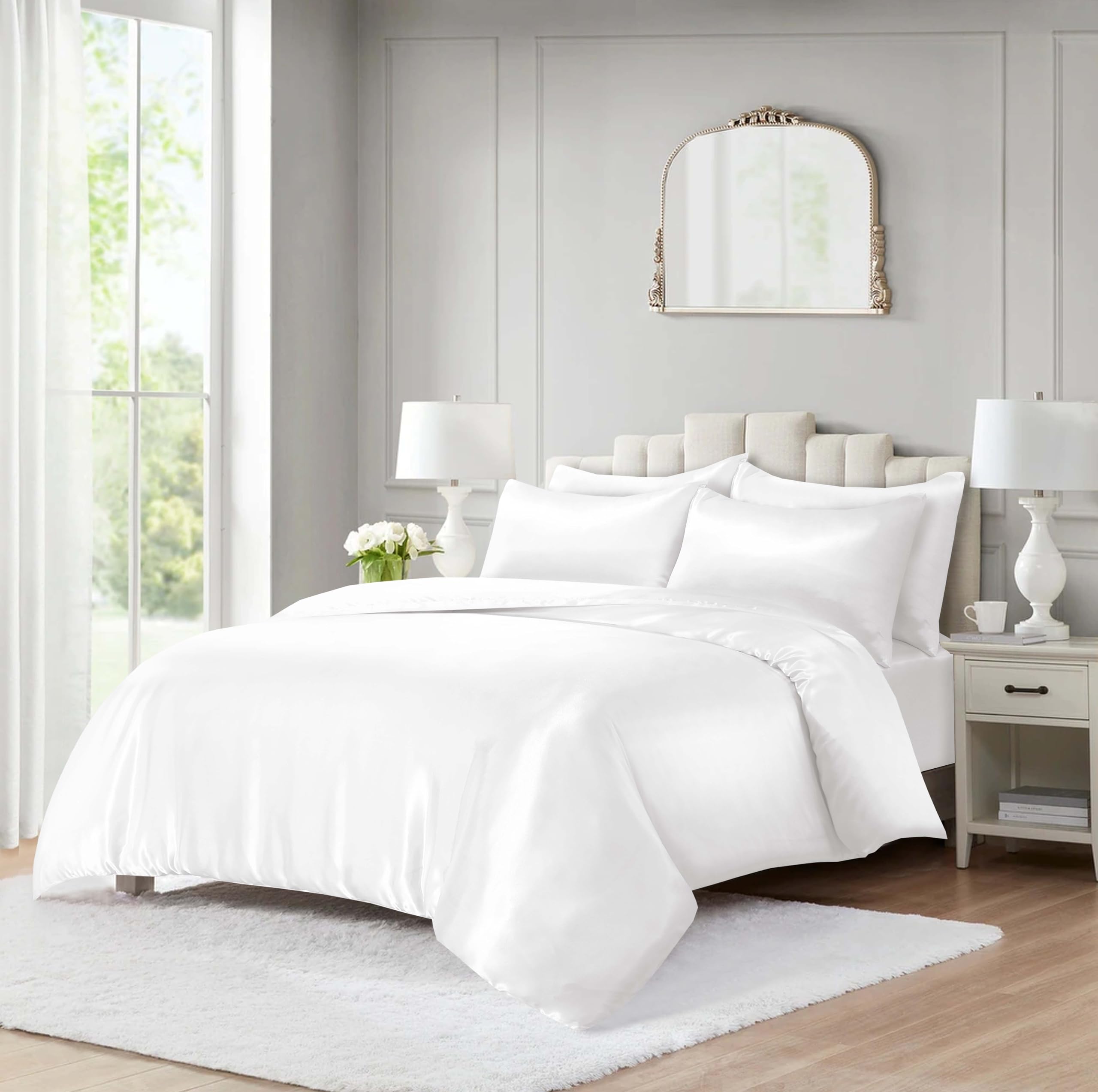 ROOEE 10 Piece Satin Silk Complete Bedding Set – Luxury Satin Duvet Cover, Silky Fitted Sheet with Matching Pillowcases, Sleep Mask, Hair Accessories & Storage Pouch (White, Double)