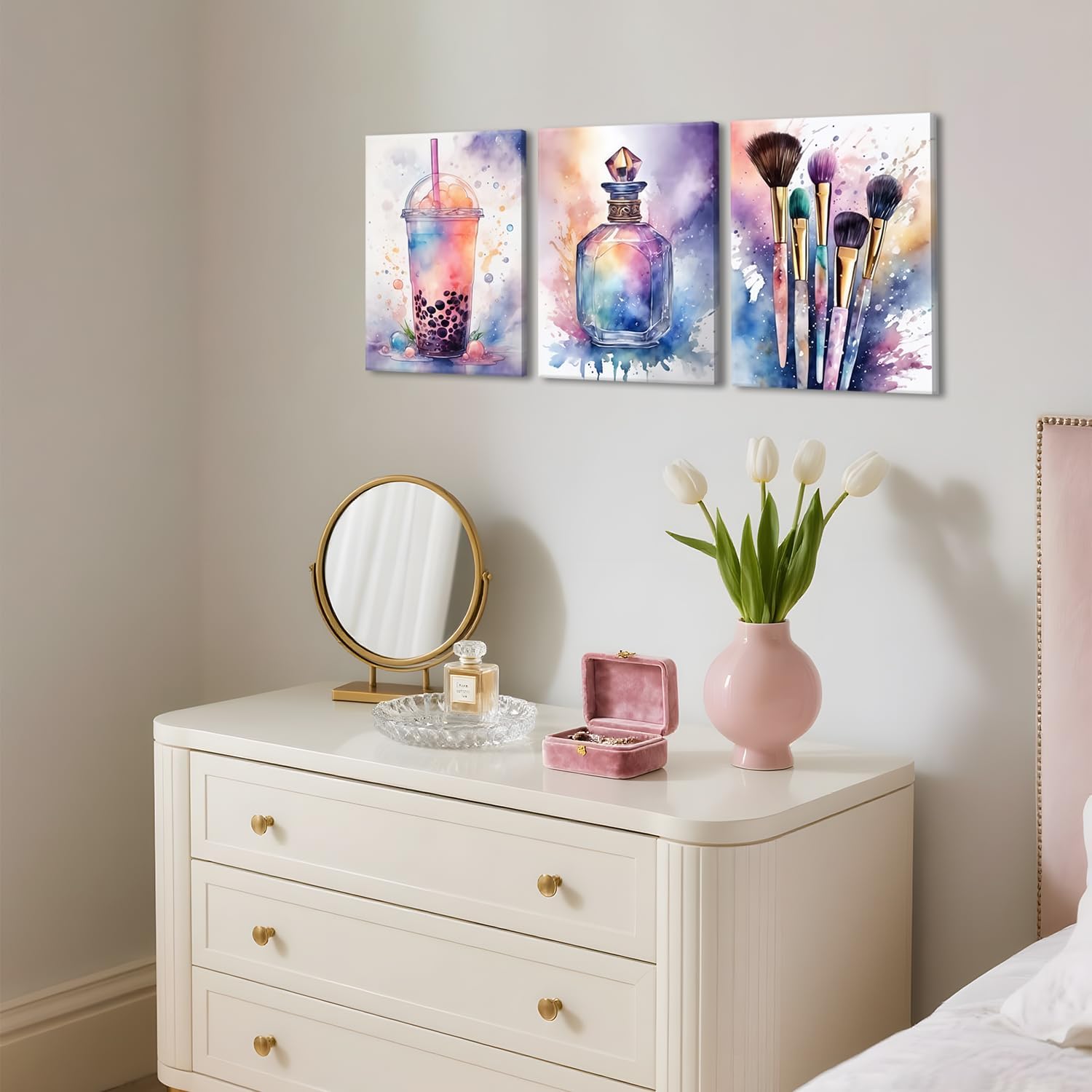 Framed Teen Girls Bedroom Wall Art Set of 3, Colorful Fashion Makeup Brush Perfume Pictures Wall Decor Paintings, Watercolor Drink Prints Aesthetic Home Decor for Living Room Bathroom Dorm 12x16 inch