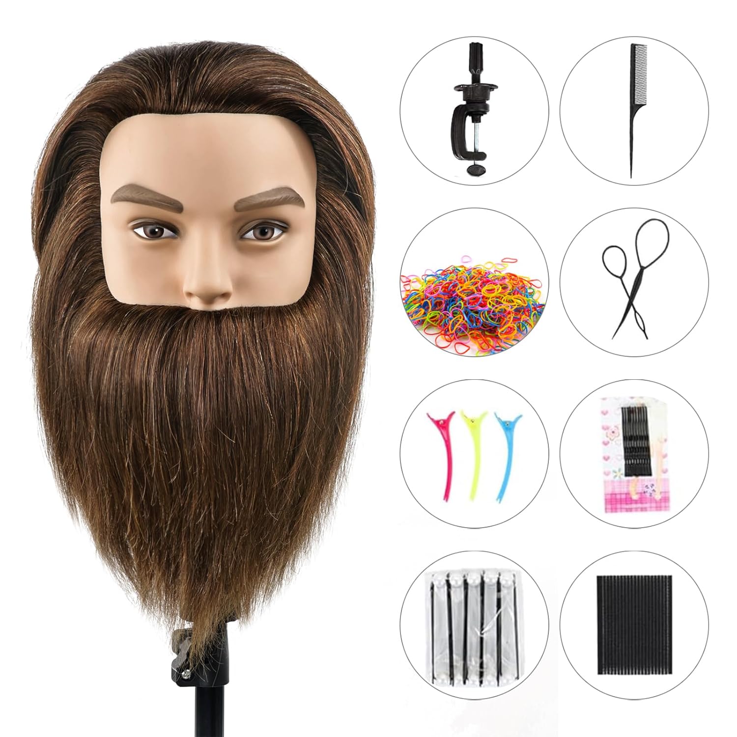 Mannequin Head with Hair Male 100% Human Hair 12inch Styling Head Practice Kit