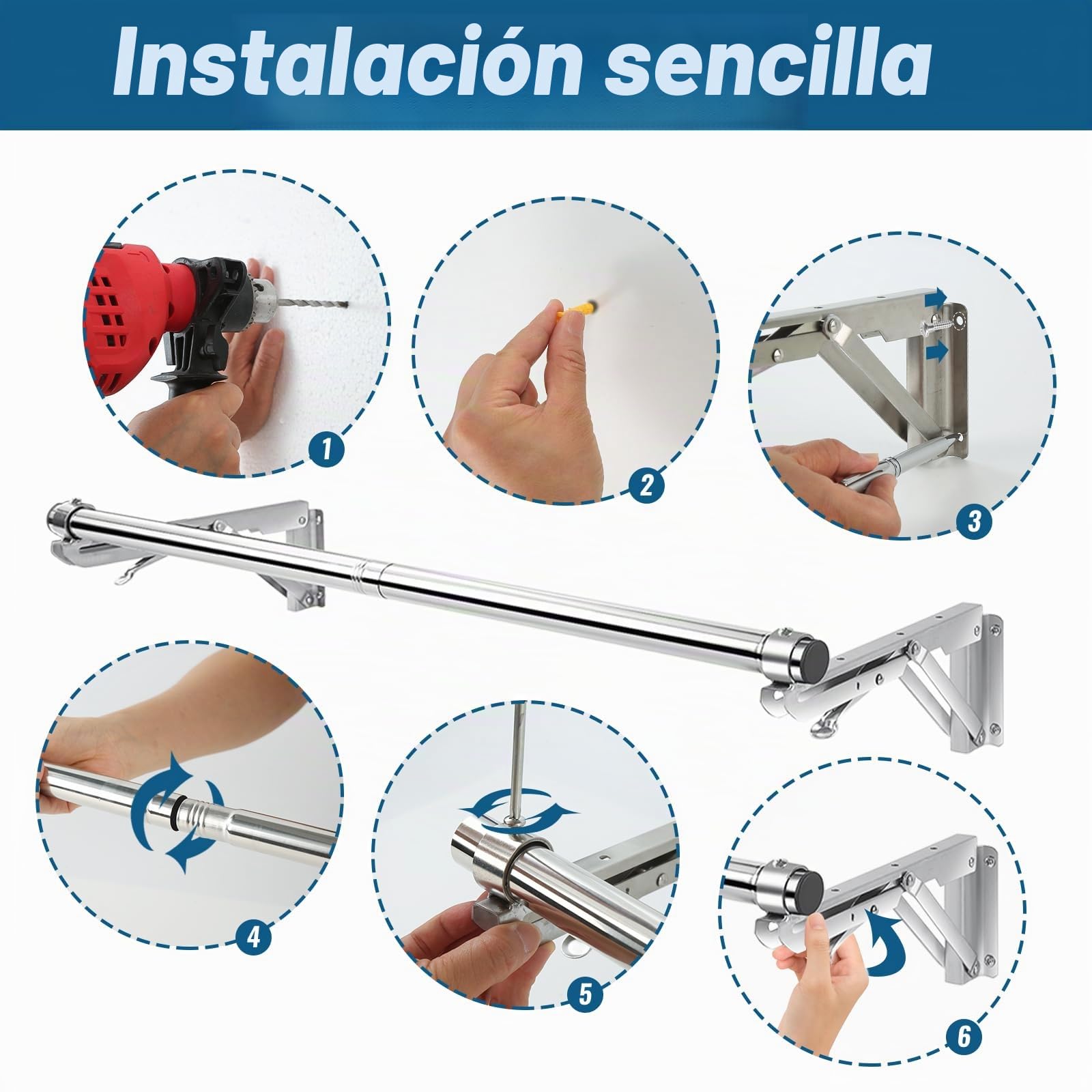 TBMLC Perchero plegable montado en la pared, barra de 76 cm de largo y 2 bases gruesas, acero inoxidable, multiusos para ahorrar espacio, tendedero de ropa, perchero desmontable y superior reservado