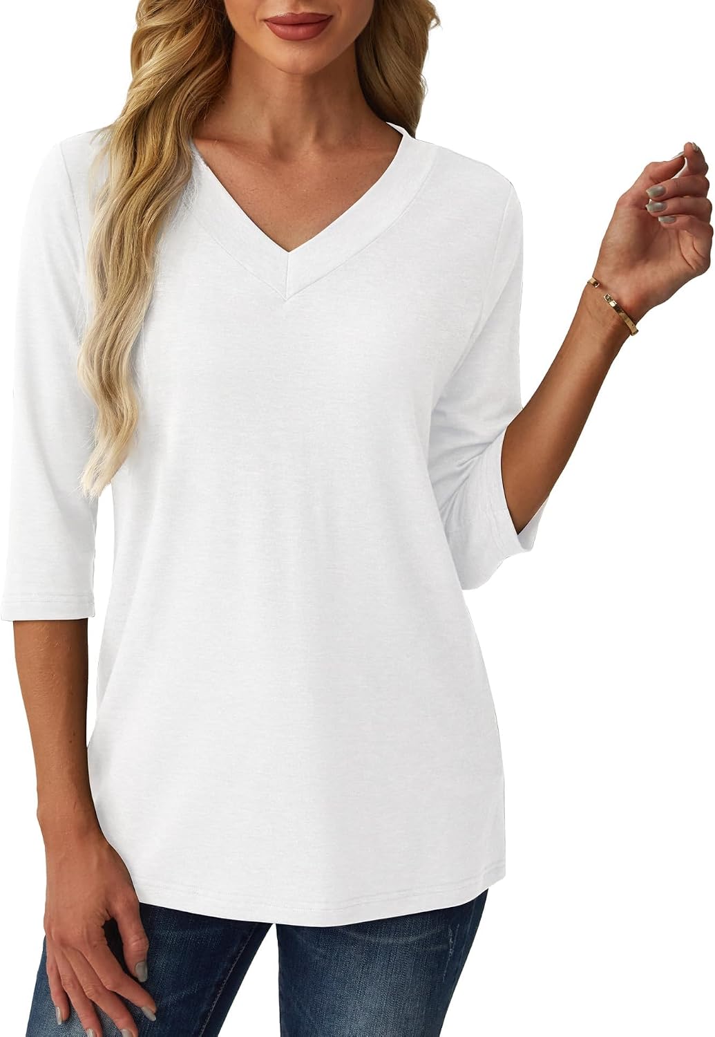 3/4 Length Sleeve Womens Tops V Neck Casual Tunic Loose Fit Basic Shirts Trendy Tops for Women 2026